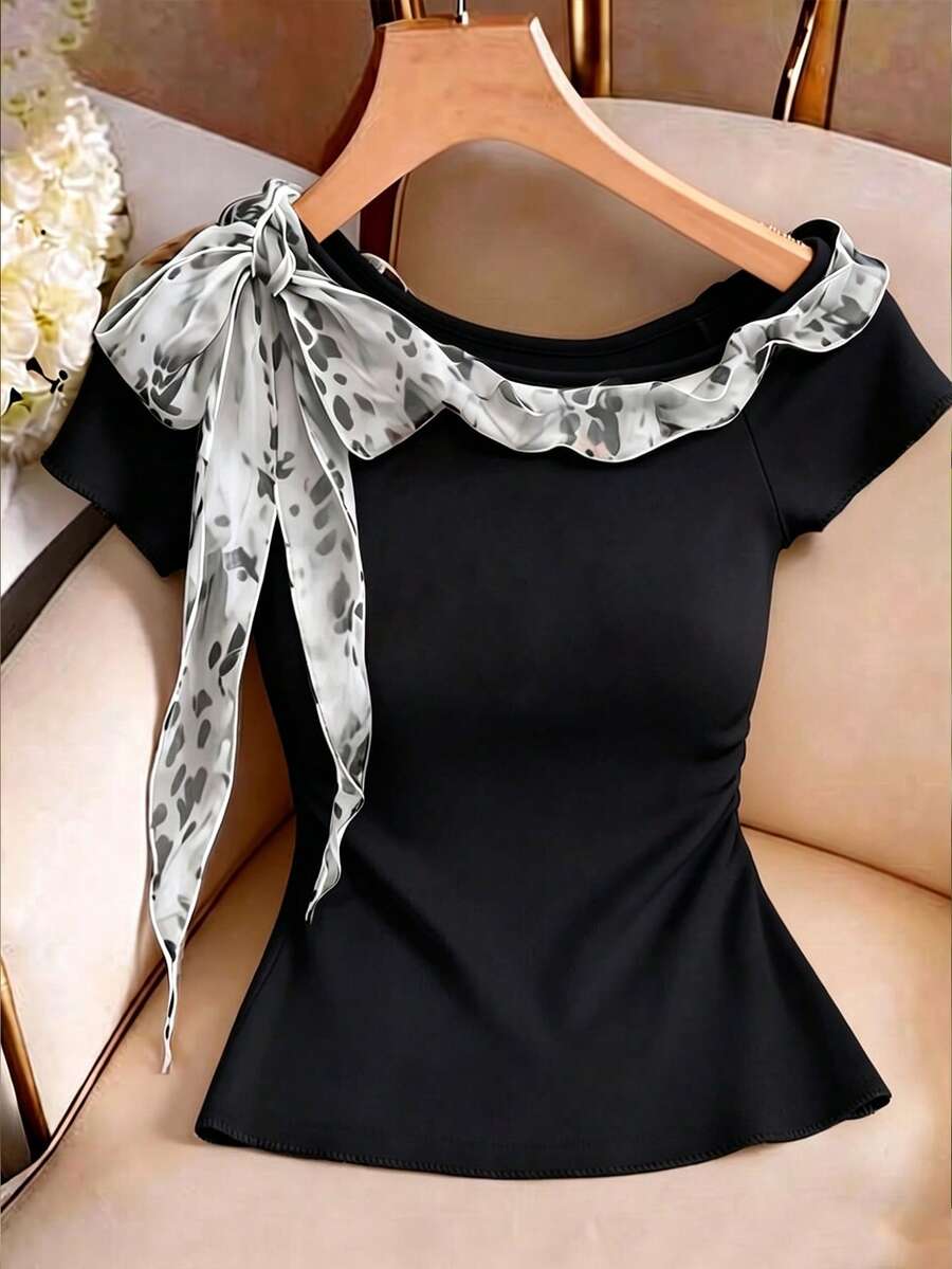 GlowEve Women's Shoulder Knot Raglan Short Sleeve Fashion T-Shirt - Black - View 1