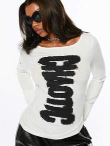 ROMWE Women's Long Sleeve T-Shirt, Ink Graffiti Slogan, White Sleeve, Button Split Hem, Hot Girl All-Match Versatile Streetwear - White - View 5