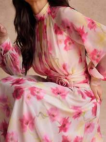 Enchnt Autumn Romantic Women's Elegant Beige Floral Print Lantern Sleeve 3D Long Dress Graduation Garden Party Day Party Wedding Daytime Mother Of The Bride - Pink - View 3