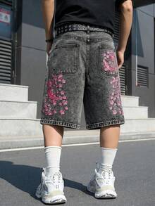 Manfinity EMRG 男士街頭風休閒刺繡灰色牛仔短褲 - 深灰色 - 查看 8