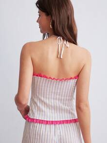 Elorette Women's Striped Single-Breasted Front Tie Halter Neck Pajama Top - Blue and White - View 2