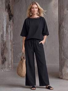 Faunlyn Women's Vacation Casual Basic Solid Color Shirt Pants 2 Pieces Set Cotton-Lin Brunch Black Summer - Black - View 7