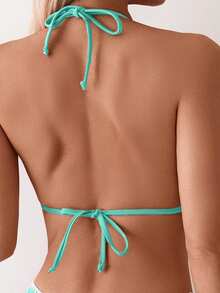 Swim Basics 女款拼色百褶掛脖綁帶比基尼上衣 - 薄荷綠 - 查看 2