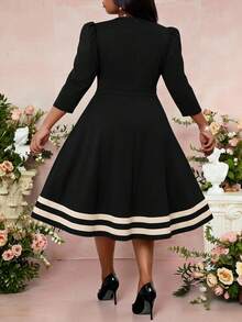 Fleurora Plus Size Women's Elegant Striped Dress With Overlap V-Neck And 3/4 Puff Sleeves Fall - Multicolor - View 2