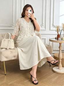 Modelyn Bestickte Mesh & gewebte Patchwork figurbetonte elegante schwere Handwerkskunst Design Bluse mit Rock, Aprikose Große Größen 2-teiliges Set - Beige - Übersicht 2