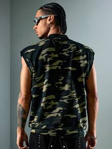 ROMWE MEN Street Life Men's Zipper Placket Letter Print Casual Camouflage Tank Top - Multicolor - View 3