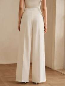 Anewsta Pantaloni da donna bianchi, pantaloni estivi moderni alla moda versatili di colore unito con cintura decorativa, pantaloni lunghi a gamba larga morbidi, pantaloni da completo da donna, abbigliamento da donna per celebrazioni di giugno - Bianco - Visualizzare 2