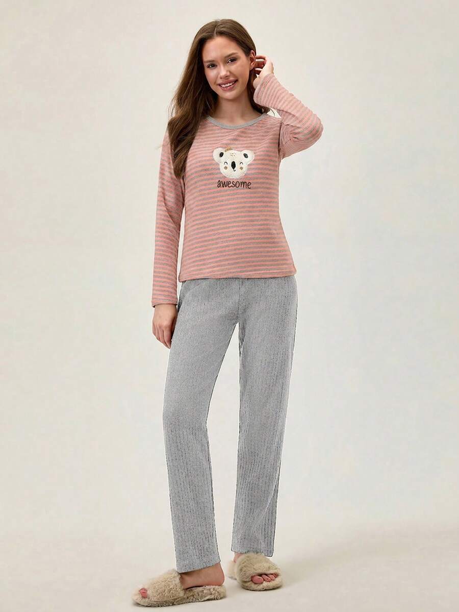 Loomlin 2pcs Cotton Contrast Colour Striped With Koala Embroidery Detail PJ Set - Multicolor - View 1