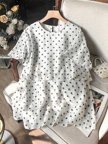Lacomfia Casual Elegant Flapper 1920s Chiffon Polka Dot Print Round Neck Short Sleeve Layered Ruffle Hem Spring Summer Plus Size Blouse Office Evening - Black and White - View 3