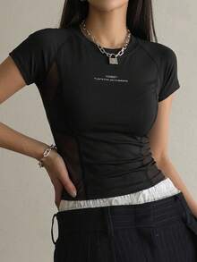 DAZY Color Block Patchwork Sports Fashion Letter Graphic Short Sleeve Women T-Shirt - Black - View 9