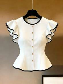 SHEIN LUNE Women's Colorblock Decorative Button Flutter Sleeve Elegant French T-Shirt Office Work White And Black Summer - White - View 6