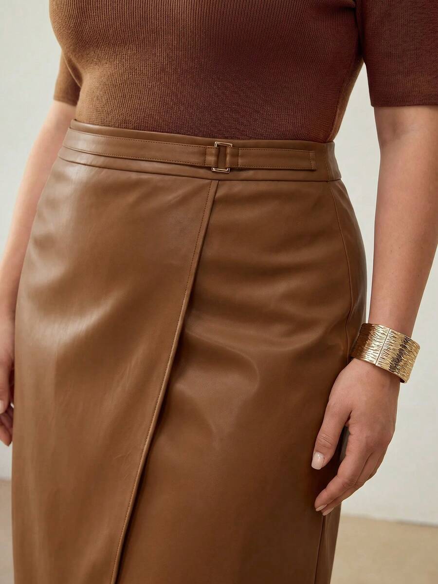 MOTF PREMIUM PLUS SIZE WOMEN'S PU LEATHER ELEGANT FASHIONABLE METAL DECOR WRAP HEM SKIRT FALL - Khaki - View 1