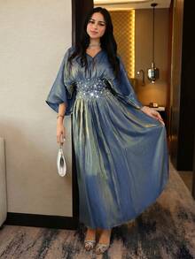 Modelyn New Ruched Waist Elegant High-End Rhinestone Embellished Romantic Glamorous Party Dress - Gray Blue - View 2