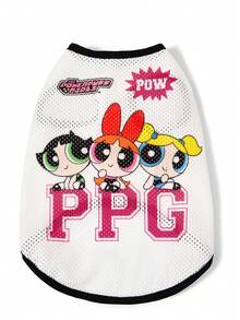 THE POWERPUFF GIRLS X SHEIN 卡通超級英雄女孩印花網眼寵物背心，透氣運動風無袖背心，適合貓咪與多尺寸狗狗 (XXS-XXXXXL)，輕量適合夏季戶外活動 - 本白 - 查看 6