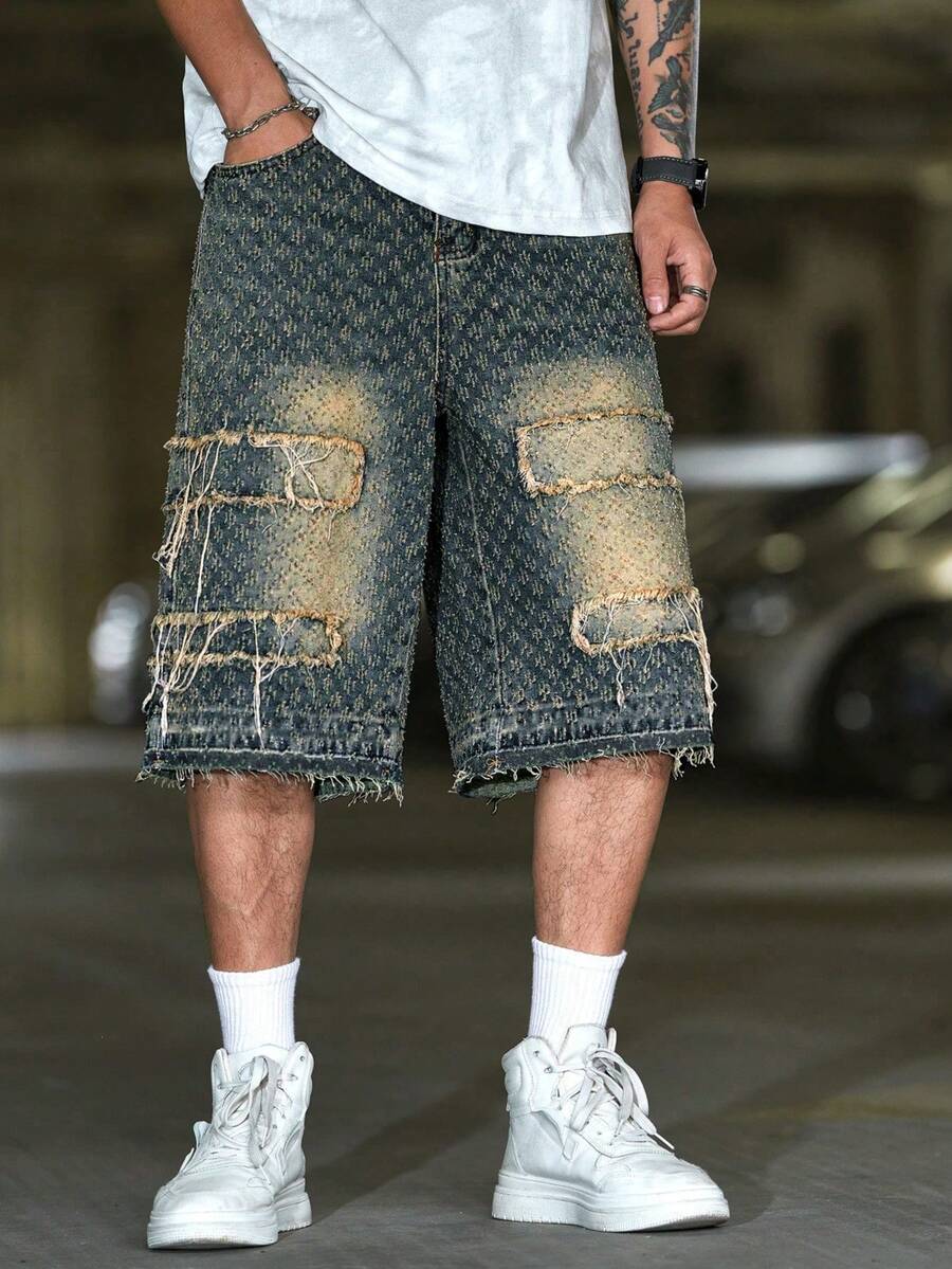 Manfinity EMRG Men's Plus Size Vintage Patchwork Wide Leg Denim Shorts - Blue - View 1