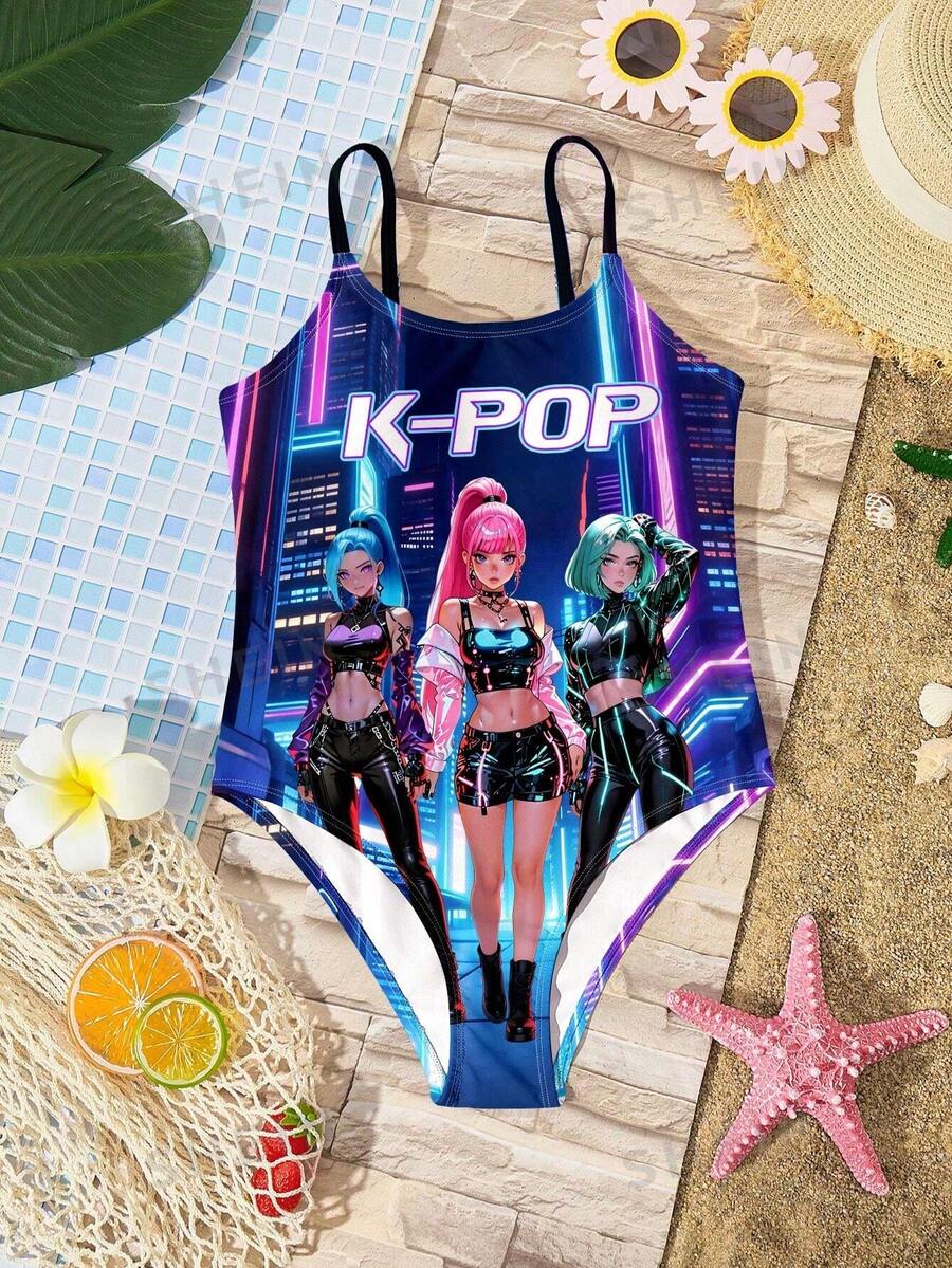 SHEIN Fashionable Anime Girl Print, K-POP Cartoon Girl, Young Girl Casual Minimalist One-Piece Swimwear Suitable For Summer - Multicolor - View 1