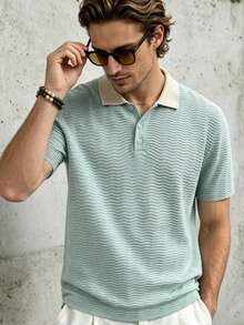 TONEVAULT Men's Fashion Textured Button Half-Placket Short Sleeve Knit Top Vacation Sage Green Autumn Casual - Light Grey - View 1