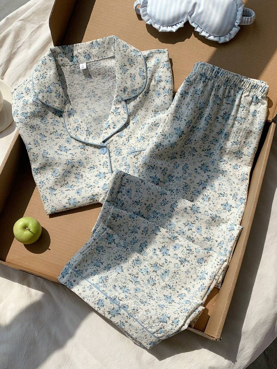 Comfortcana 花卉印花翻领短袖睡衣套装 - 淺藍色 - 查看 1