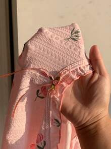 Comfortcana Conjunto de pijama casual y lindo con cuello de patrón de tulipán, empalmado y con volantes - Rosa - Ver 4