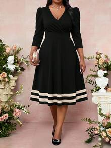 Fleurora Plus Size Women's Elegant Striped Dress With Overlap V-Neck And 3/4 Puff Sleeves Fall - Multicolor - View 3