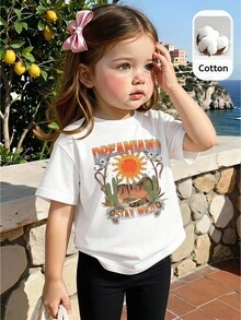 SHEIN 2pcs Baby Girl Black And White Matching Outfit,Letter Print Dropped Shoulder Tee And Pants,Summer Casual Vacation Suit For Spring/Autumn Daily Wear - Multicolor - View 1