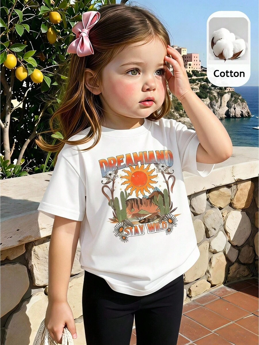 SHEIN 2pcs Baby Girl Black And White Matching Outfit,Letter Print Dropped Shoulder Tee And Pants,Summer Casual Vacation Suit For Spring/Autumn Daily Wear - Multicolor - View 1