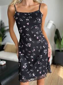 Brooke Lily Ditsy Summer Outing Floral Print Lettuce Trim Cami Dress Elegant Black Vacation Party - Black - View 6