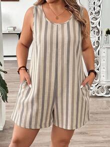 Comfylo Plus Size Women's Summer Vacation Style Striped Pattern Round Neck Casual Jumpsuit With Pockets, Suitable For Travel, Vacation, Summer And Daily Wear - Multicolor - View 2