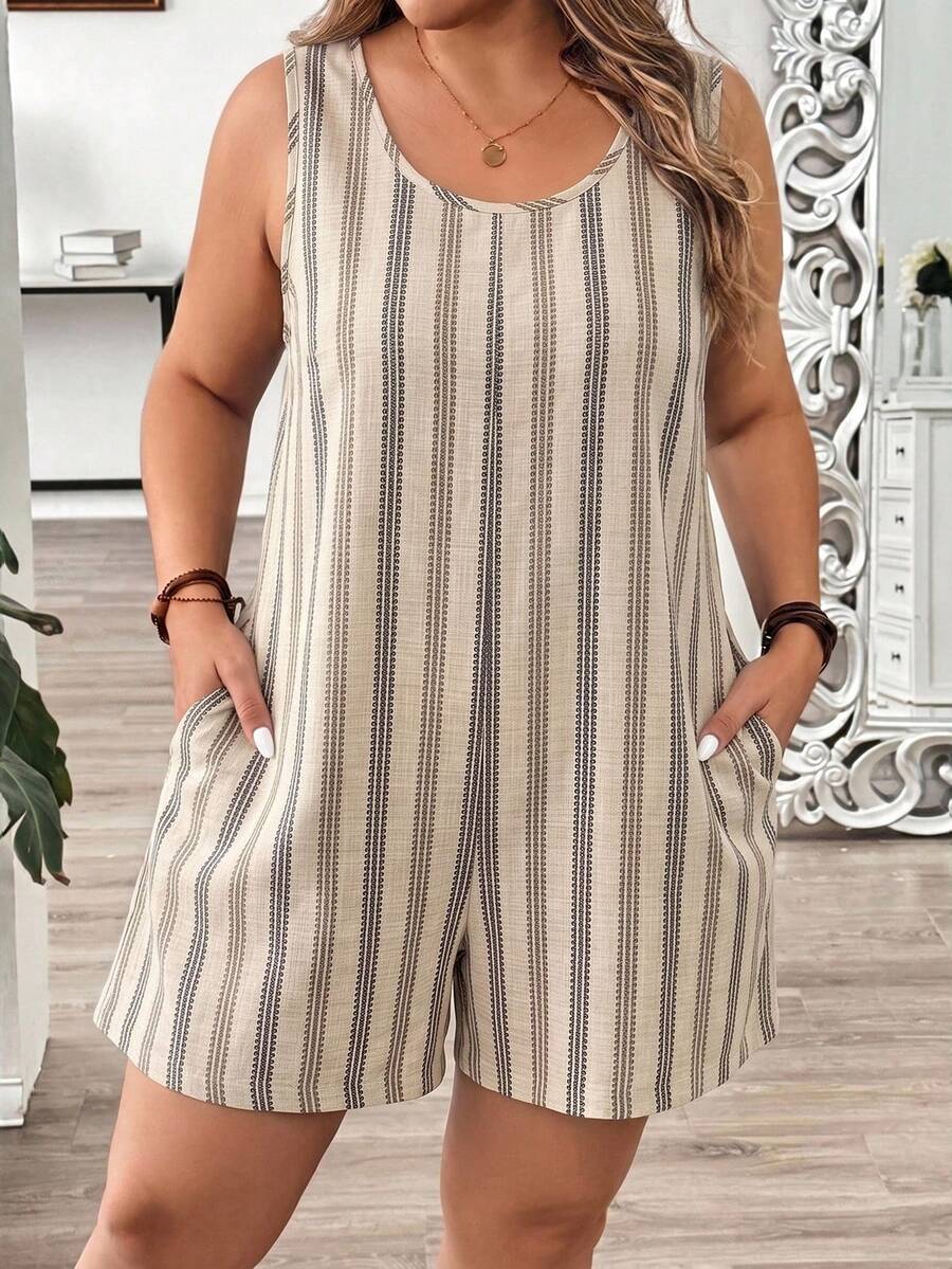 Comfylo Plus Size Women's Summer Vacation Style Striped Pattern Round Neck Casual Jumpsuit With Pockets, Suitable For Travel, Vacation, Summer And Daily Wear