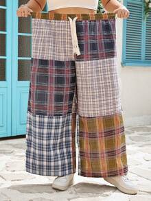 SHEIN CURVE+ Plus Size Plaid Patchwork Retro Style Pants Fall - Multicolor - View 8
