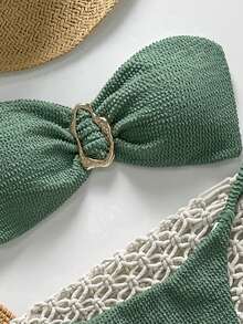 Swim Basics Springbreak Women Beachwear Summer Outfits, Women Solid Color Jacquard Fabric Strapless Metal Decor Sexy Bikini Set Green - Green - View 4