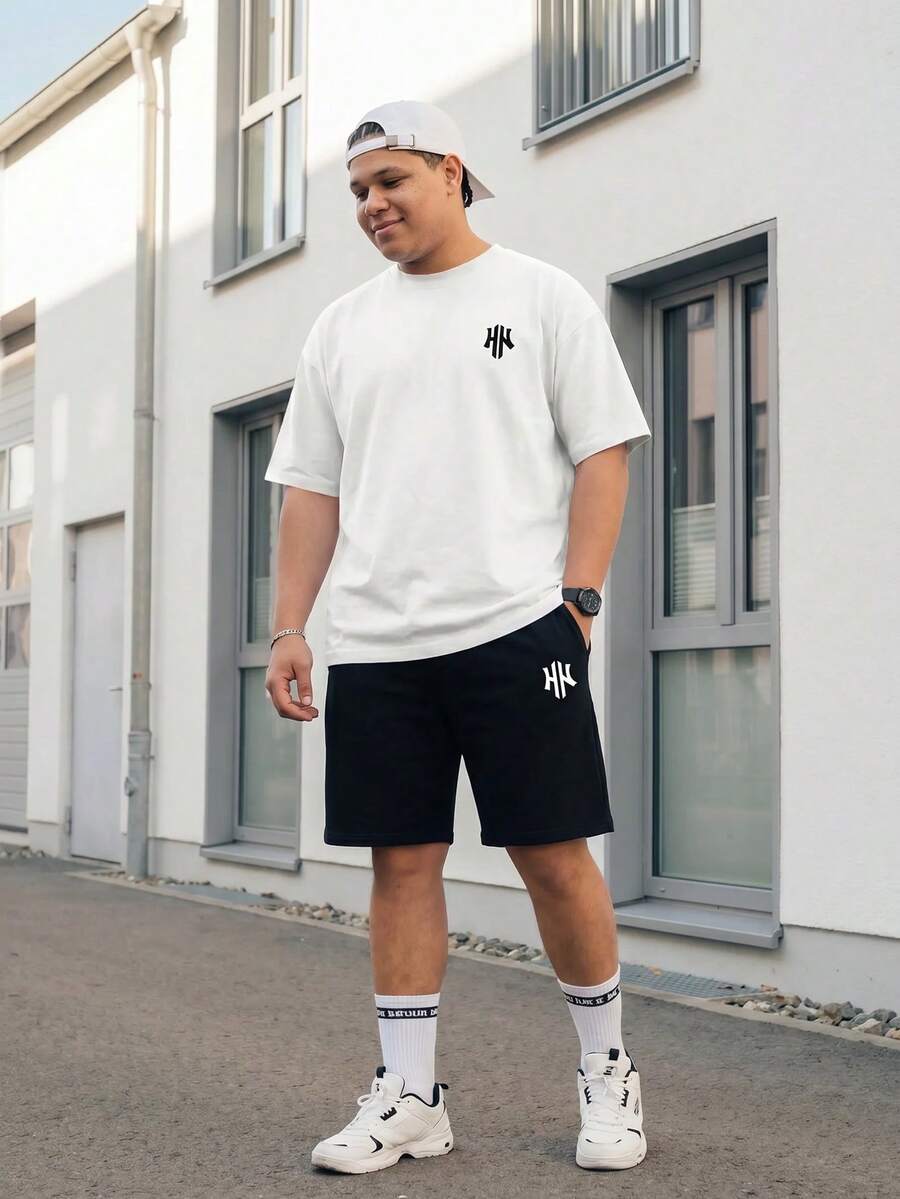 Manfinity EZcore Plus Size Men's Round Neck Short Sleeve T-Shirt And Casual Drawstring Waist Shorts Set - Multicolor - View 1