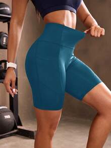 Powerista Solid Color High Waist Seamless Athletic Shorts - Blue - View 3