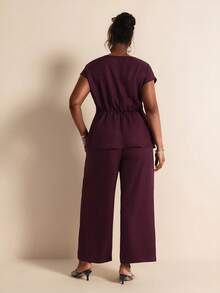 Elaquor 大尺碼女款 V 領金屬裝飾上衣與長褲 2 件套，商務休閒優雅風，適合生日、辦公室正式場合，深紫色，夏季教師節 - 酒紅色 - 查看 3
