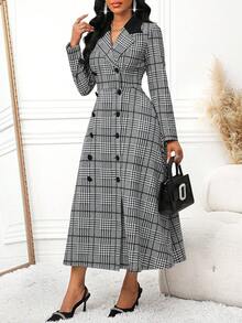 SHEIN Lady Women's Houndstooth Double-Breasted Long Sleeve Pocket Midi Dress - Multicolor - View 7