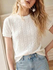 SHEIN Elegante camiseta de mujer de estilo francés vintage con cuello redondo, manga corta y tela texturizada, versátil para ir al trabajo, vacaciones, salidas y ocasiones especiales, para primavera, verano, otoño e invierno, blanca, para graduación - Blanco - Ver 6