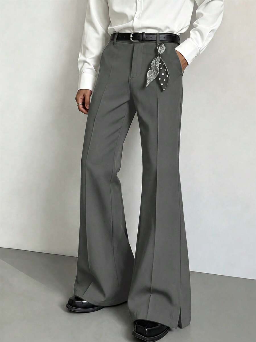 Manfinity Hypemode Pantalones casuales de hombre con corte acampanado y elástico, unicolor, cintura media, ajuste ceñido y bolsillos - Gris Oscuro - Ver 1