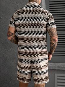Manfinity Homme 男士条纹短袖 Polo 衫和抽绳腰带短裤套装，男士两件套 - 彩色 - 查看 2