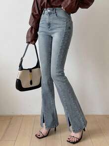 Joudiya Women's Pockets Flared Casual Versatile Denim Jeans - Blue - View 12