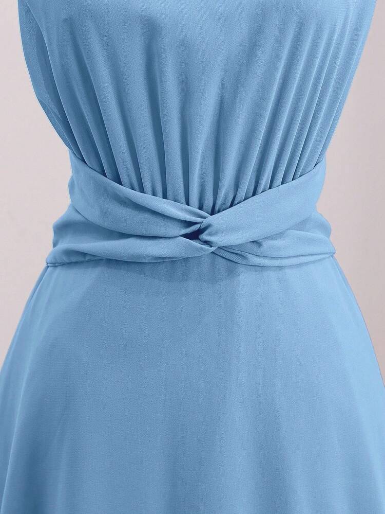 Vestido casual de unicolor con pliegues retorcidos para fiesta y viaje para adolescentes - Azul - Añade 3