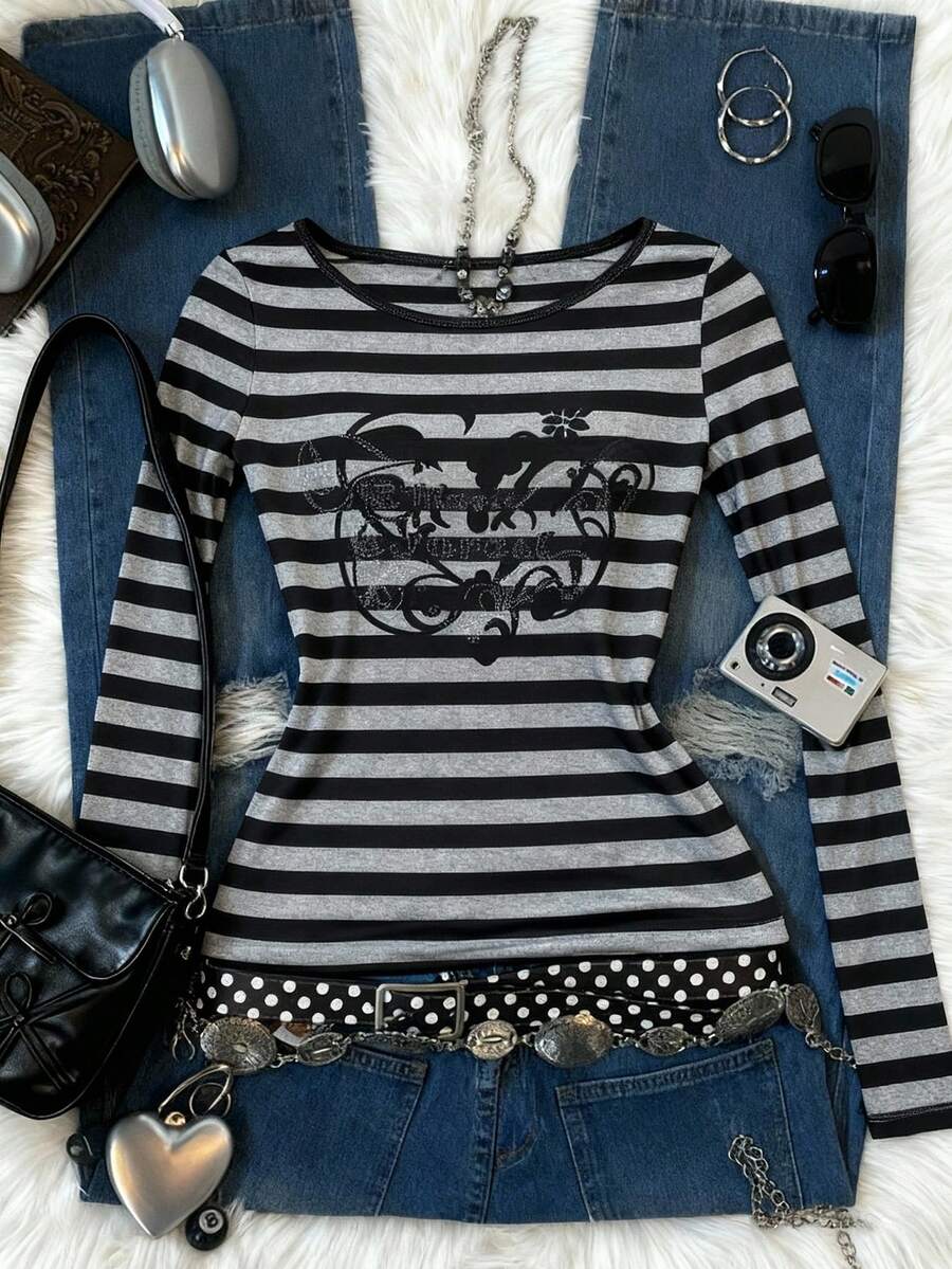 INAWLY Atasan Wanita Modis dengan Motif Garis dan Huruf, Musim Gugur - Hitam - View 1
