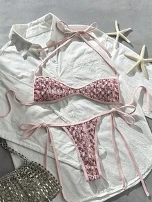 Costavie 春夏海灘度假亮片掛脖綁帶式比基尼上衣與側綁式丁字褲比基尼套裝，性感 - 粉色 - 查看 3