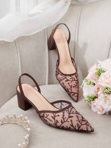 CUCCOO HITCHD New Chinese Style Brown High-Heeled Mullers, Pointed Lace Embroidered Convertible Sandals, Women's Summer Shoes - Brown - View 1