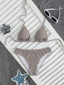 Swim Mod 女款夏季黑色配白色波點印花新款性感掛脖低腰三角比基尼套裝 - 棕色 - 查看 4