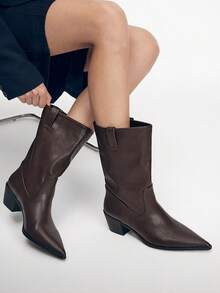Mnmlis Pointed Thick Heel Medium Boots Versatile Soft Leather Thin Retro Stacked Ankle Boots Commuting British Style Thick Heel Thin Fall Shoes - Brown - View 3