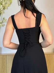 Vassilux Women's Vintage Black Fishbone Pattern Asymmetric Shoulder Dress Elegant Summer - Black - View 6