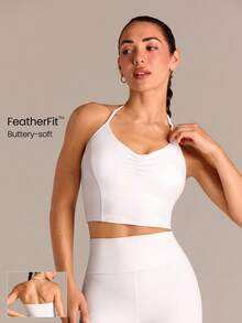 GLOWMODE FeatherFit™ Breathable Lightweight Ruched Front Princess Seams Adjustable Halter Crop Tank Summer Yoga Pilates Gym - White - View 1