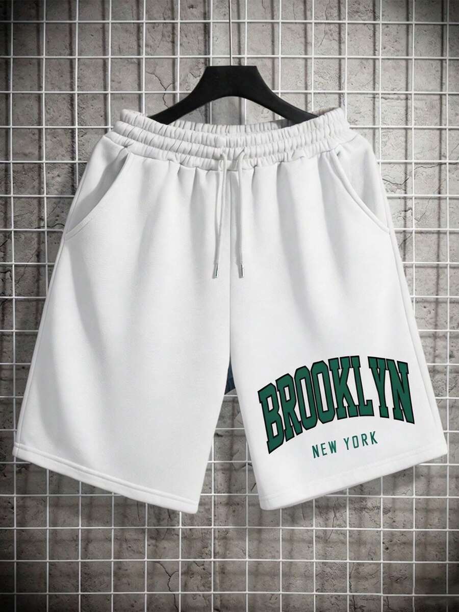 Manfinity Dauomo Pantalones cortos con cordón en la cintura y gráfico de letras para hombres - Blanco - Ver 1