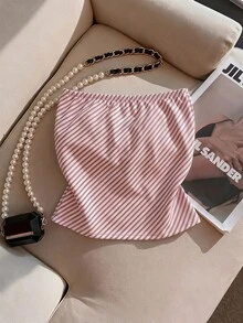 Franclia 女款夏季休閒條紋金屬裝飾抹胸上衣 - 粉色 - 查看 2