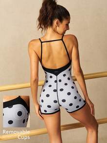 VARSIVA Polka Dot Print Backless Spaghetti Strap Sports Romper - Multicolor - View 12